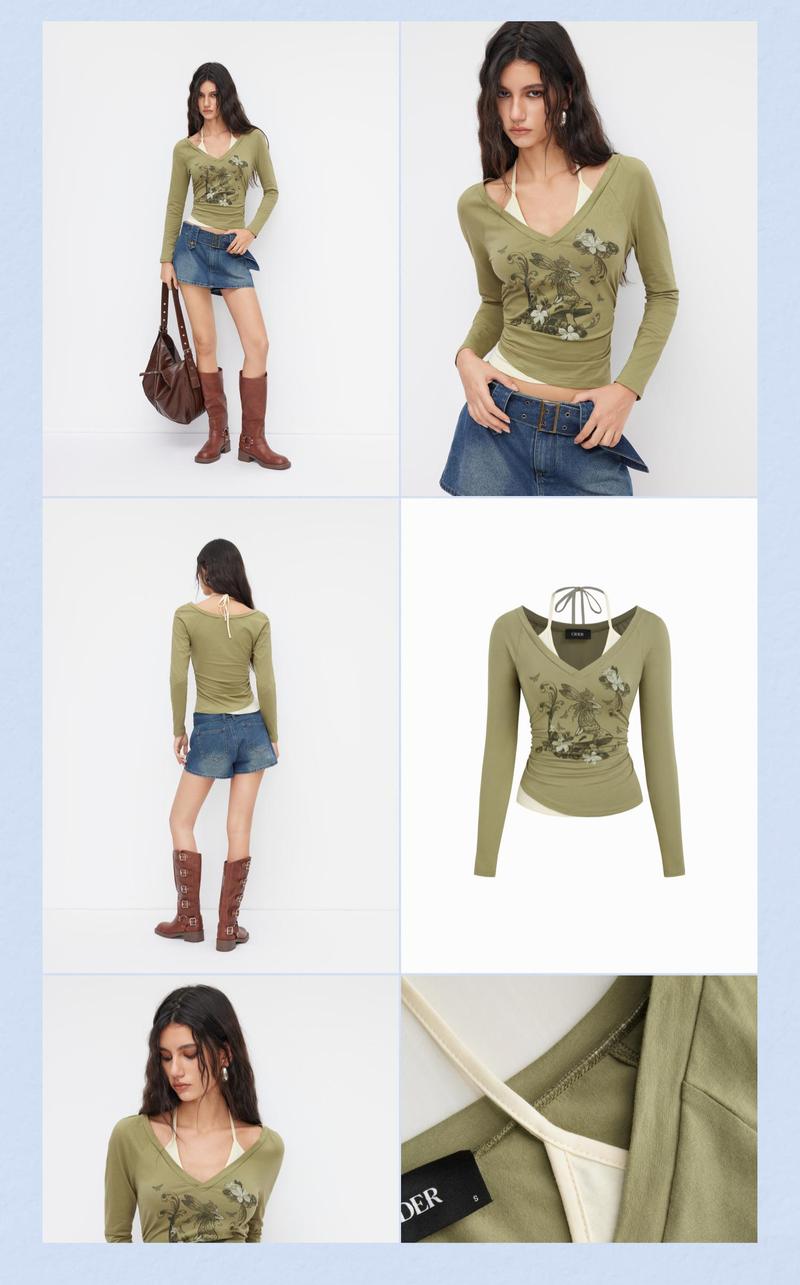 Cider Cotton-blend V-neck Graphic Ruched Long Sleeve Tee