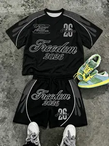 Y2K men's size 26 two-piece sportswear, retro street style letter pattern T-shirt+elastic waist shorts, hip-hop sportswear casual summer set, fashionable Tiktok virus retro football sportswear