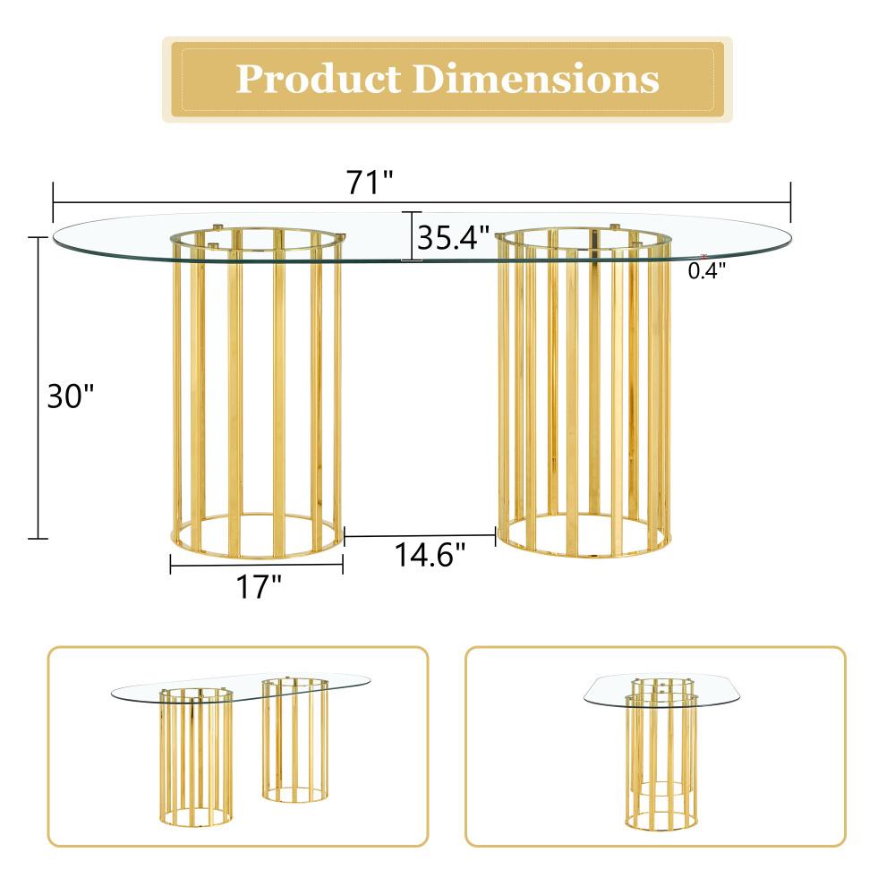 71 inch oval tempered glass dining table,black double column light luxury style,tempered glass scratch resistant and easy to clean.Suitable for 6-8 people dining, modern light luxury restaurant table.