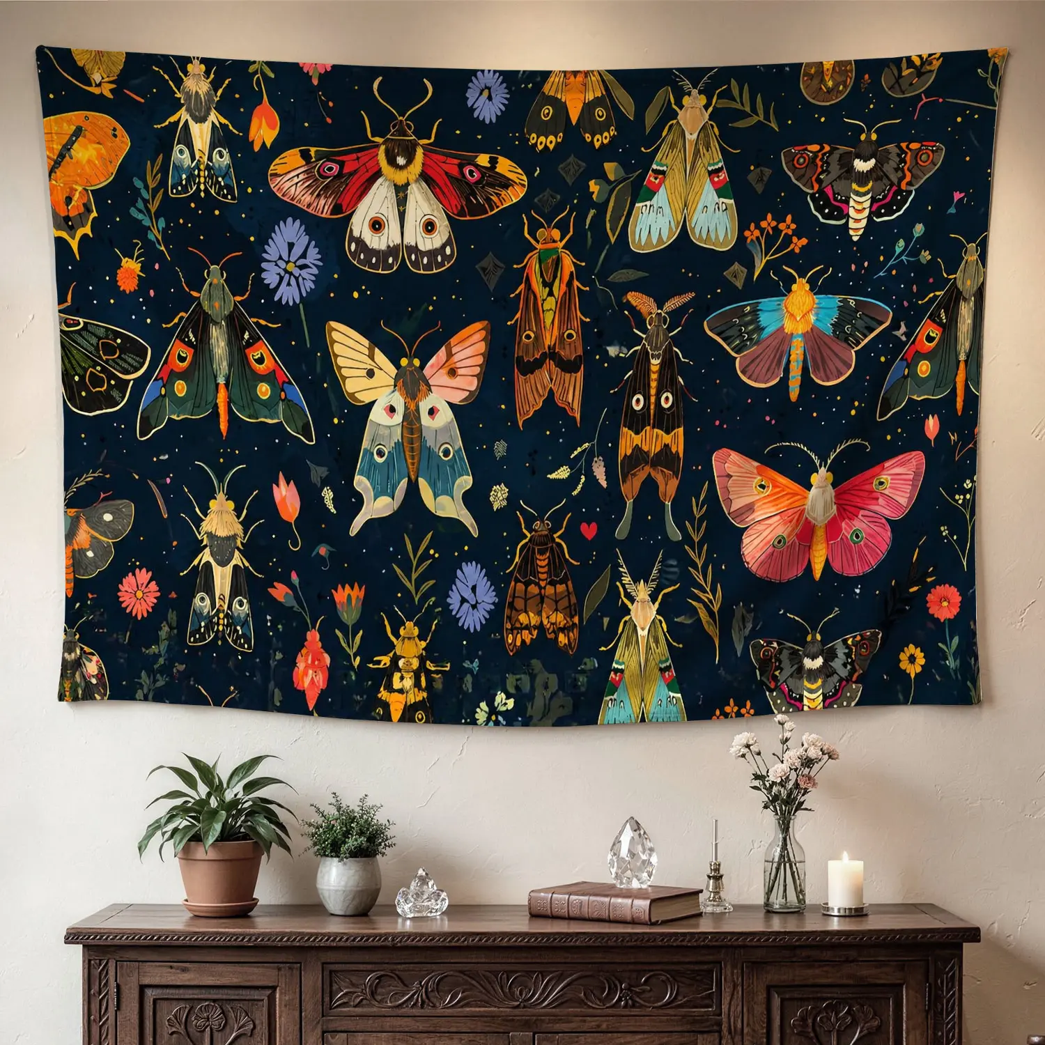 Colorful Botanical Moth Insects Aesthetic Wall tapestry,Large size Printed Horizontal Tapestry blanket,Polyester Fabric Wall Hanging for bedroom,living room,No Installation Required,Indoor,Outdoor,Gift for Family and Friends