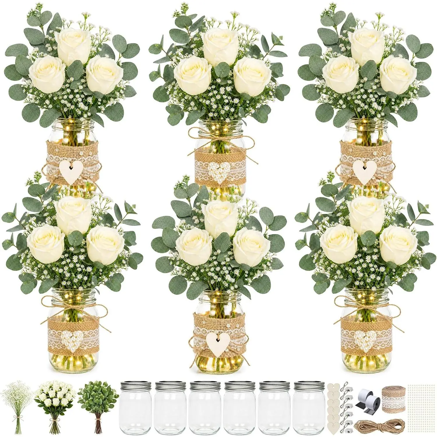 6 Sets Rustic Wedding Centerpieces for Tables with Mason Jars, White Rose and Eucalyptus Floral Arrangements, Bridal Shower,  Shower, Engagement Party and  Table Decorations