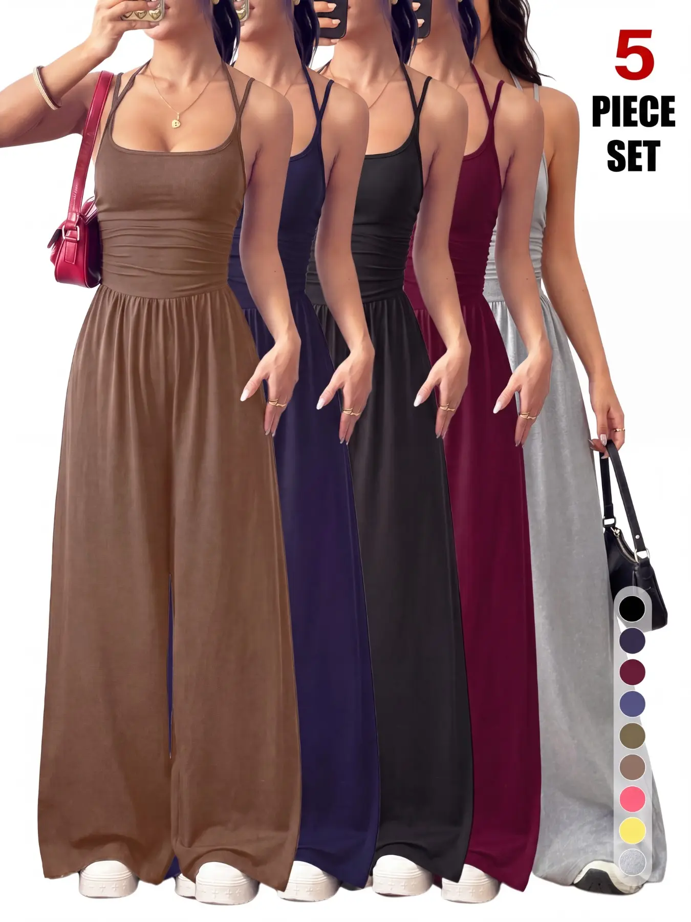 2026 Fall Viral 5 Pack Halter Ruched Wide Leg Jumpsuits, Waist Ruched Design, Backless Look, Breathable Slimming