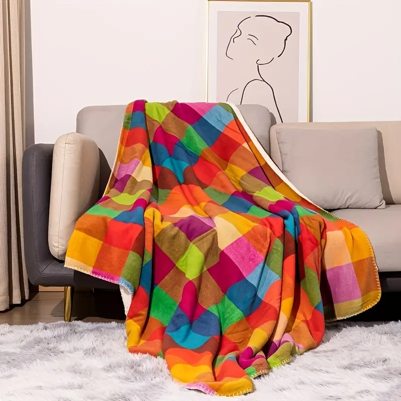 Colorful Geometric Fleece Blanket - Double Layer, Soft, Machine Washable, All-Season Comfort, Ideal for Naps and Relaxation, Relaxation Covering|Vibrant Pattern Blanket|Polyester Fiber, Blankets for Couch
