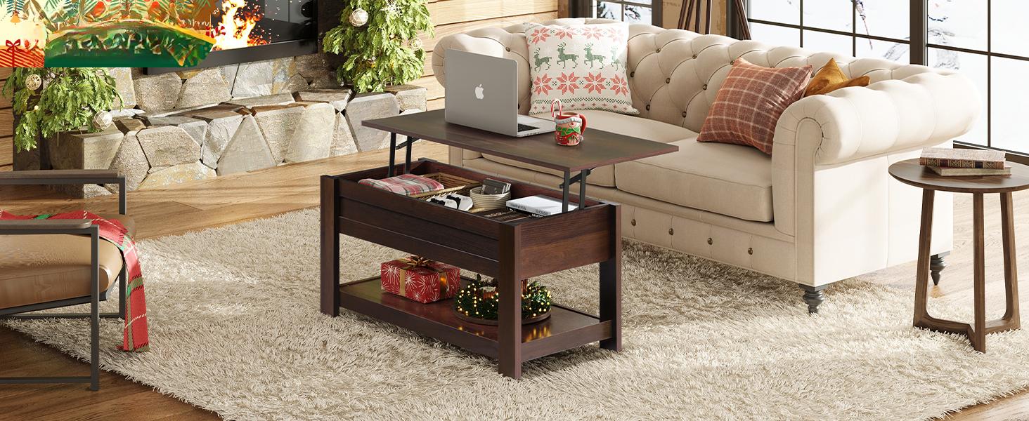 Coffee Table, 39" Lift Top Coffee Table with Hidden Compartment, Storage Shelf and Lifting Top for Home Living Room, Office and Bedroom, Red-Brown