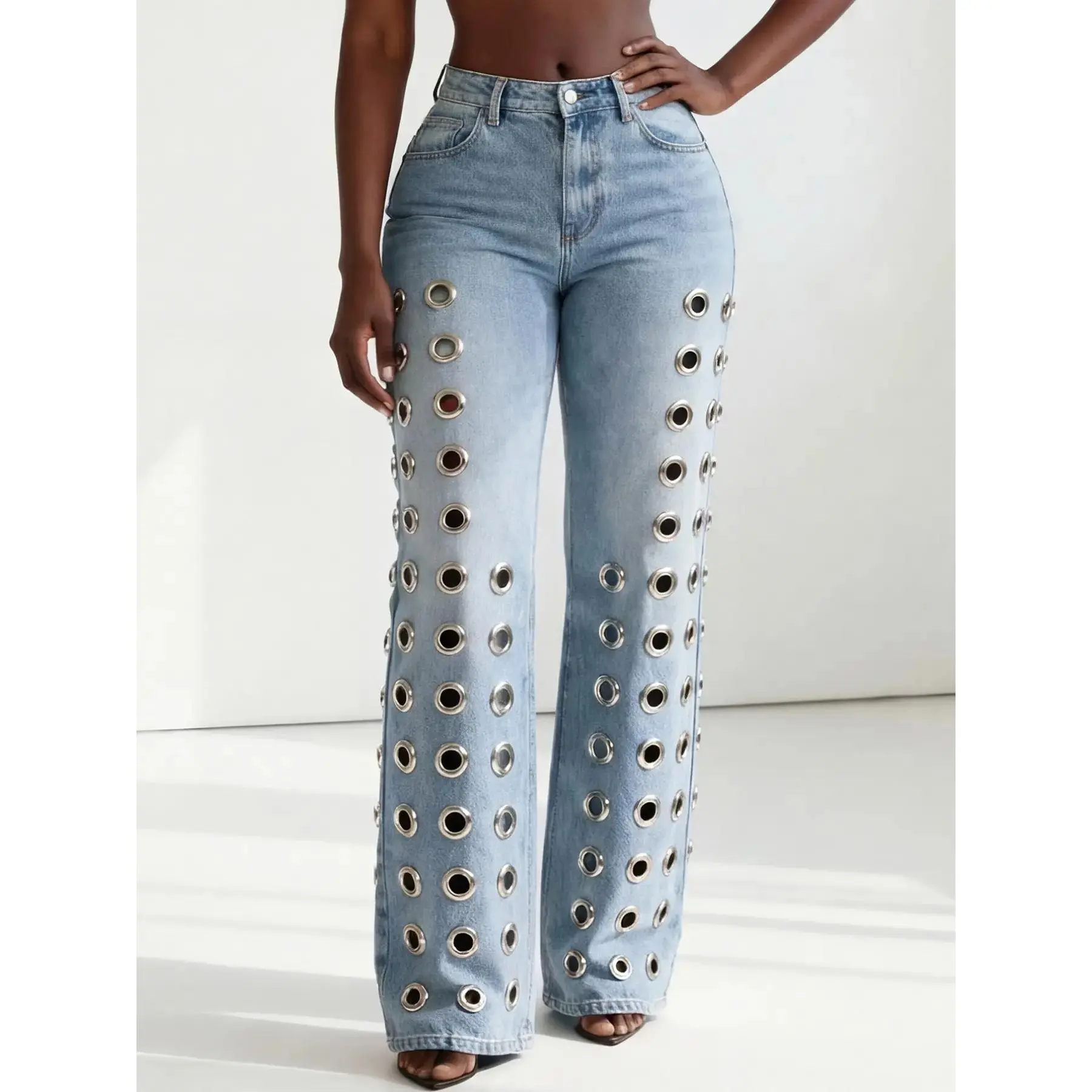 New Summer Autumn European Style Aesthetic Hollow Out Straight Leg Loose Fit Denim Jeans for Women Trendy Round Ring Design Long Pants Fashionable Mid Waist Button Fly urban style comfort stretch easy fit daily essential