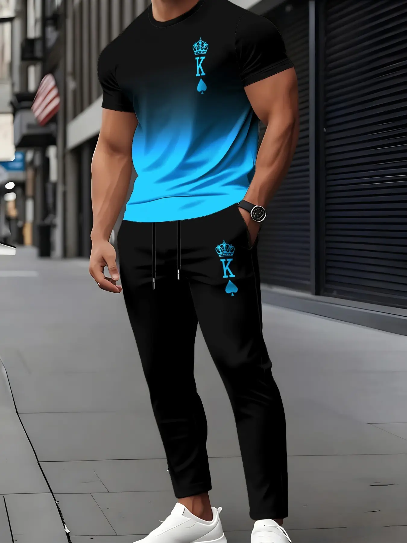 Men's street style short sleeved Top long pants two-piece set, minimalist poker symbol crown print set, trendy men's outfit set