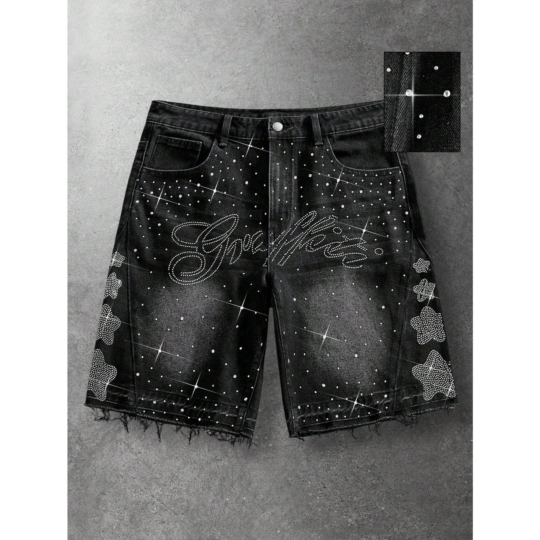 Men's Rhinestone Embellished Denim Shorts, Black Distressed Jean Shorts with Star & Script Bling Design, Cotton Baggy Fit Bermuda Shorts, Y2K Streetwear Hip Hop Fashion, Casual Summer Walking Shorts with Raw Hem, Comfortable Loose Fit for Men, Trendy Fest