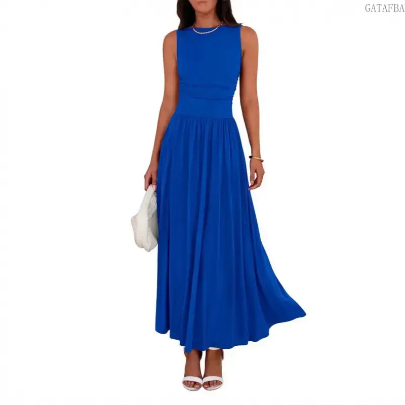 Women's Sleeveless Round Neck Ruched Waist A-Line Cut Swing Maxi Dress, All Seasons Elegant Casual Sports Dress for Wedding Guest, Vacation
