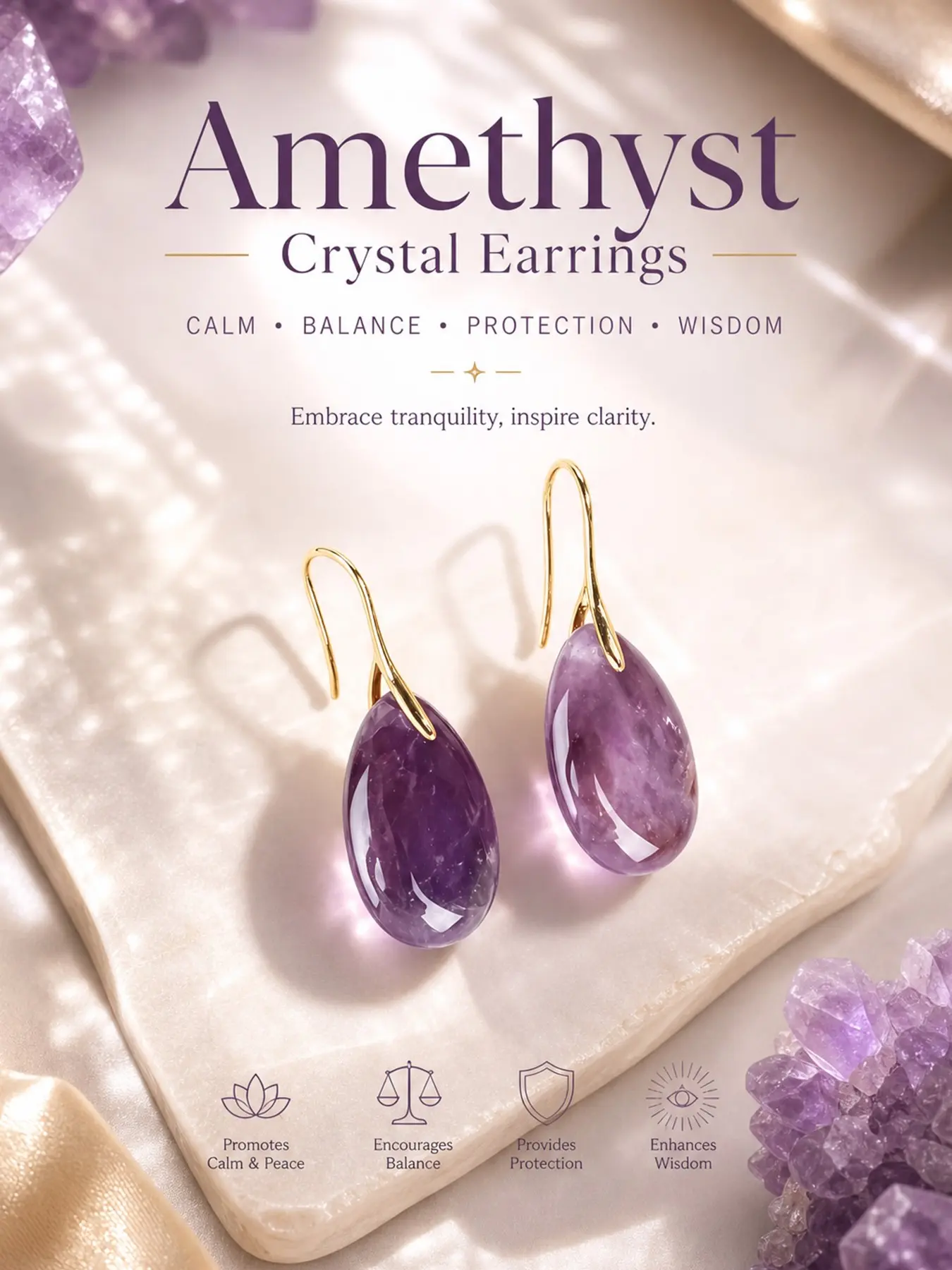 "Inner Peace" Genuine Purple Amethyst Teardrop Earrings - Soothing Energy Boho Chic Crystal Ear Jewelry for Mindful Calm, Soft Aura & Confidence
