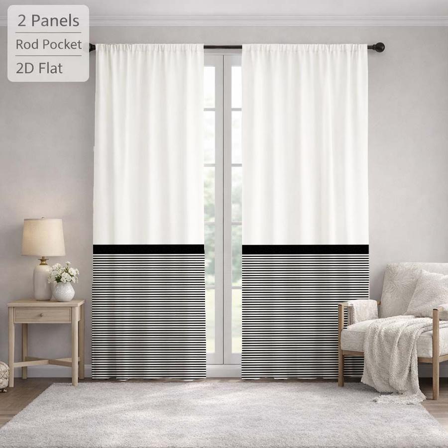 2Pcs Modern Minimalist Horizontal Stripes Black And White Sun Blocking Curtains Digital Printed Rod Pocket, Window Treatment For Bedroom Office Kitchen Living Room Study Home Decor