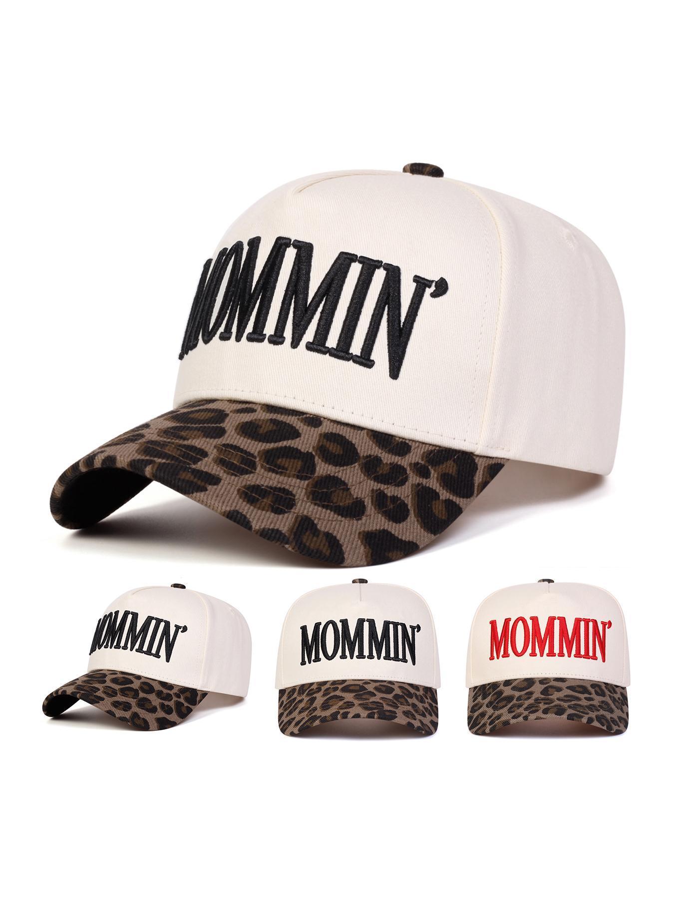 Unisex Letter MOMMIN' Embroidered Leopard Print Patchwork Baseball Cap Outdoor  Sunscreen Leisure  Spring Autumn Travel Tourism Beach Vacation  Cowboy  for Fashionable Moms Perfect Gift hat derby Gothic Horns trucker Adjustable Brown Leather Mesh