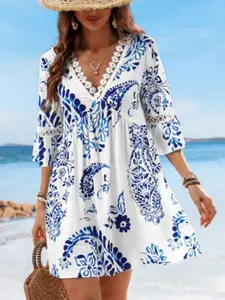 Plus Size Women's New Casual V Neck Embroidered Floral Dress, Fitted All Seasons Style for Chic Comfort, Perfect for Every Occasion