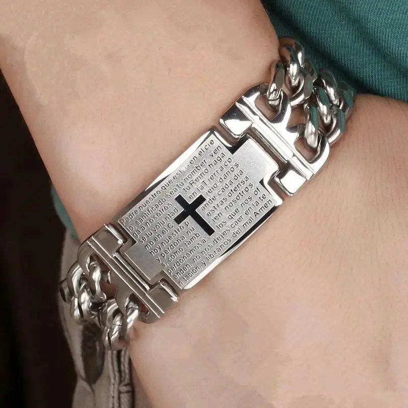 2026 Punk Silver Cross Double Row Stainless Steel Couple Bracelet - Unisex European/American Street Style Jewelry, Anti-Fade Titanium Steel Black Cross Matching Pair, Daily Modern Fashion Accessory for Men & Women, Female, Male