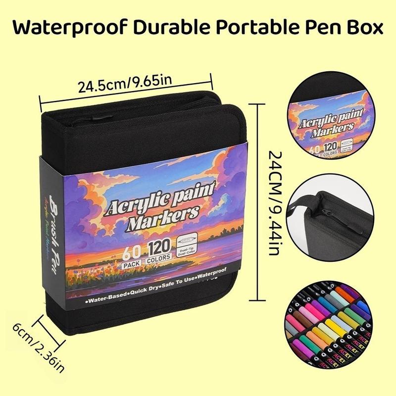 120-Color Acrylic Paint Marker Set, 60pcs Acrylic Paint Marker Pens with 2 Brush Heads, Creative Coloring Markers for Rock, Wood, Canvas, Stone and Fabric, Art Supplies, Art Materials