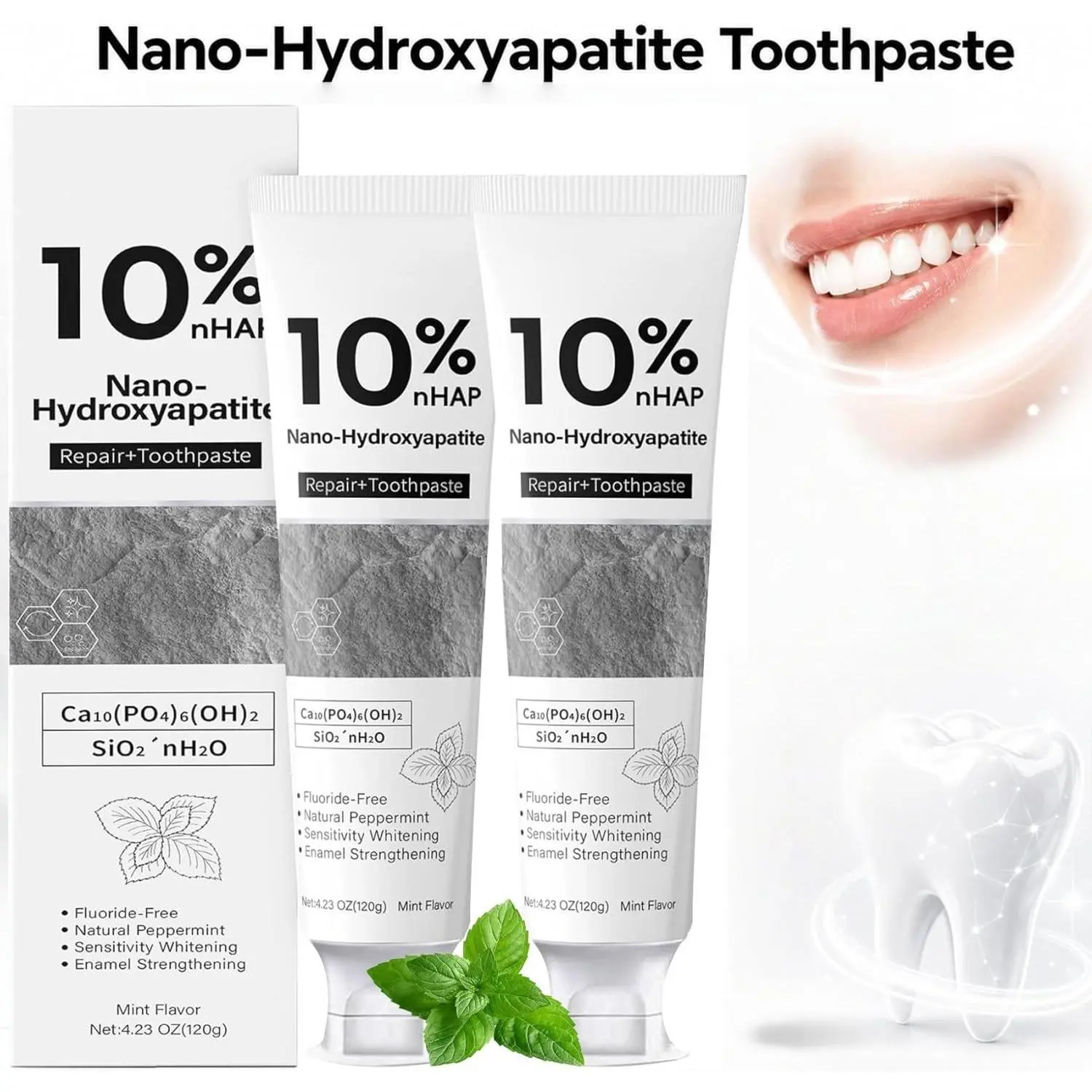 MOSMIA Nano-Hydroxyapatite Toothpaste, Fluoride-Free, Helps Repair & Strengthen Enamel, Natural Peppermint, Helps Soothe Sensitivity & Brighten Teeth, New Upgraded Formula, Strengthens Enamel,Fluoride-Free Toothpaste, Gentle on Sensitive Teeth4.23oz