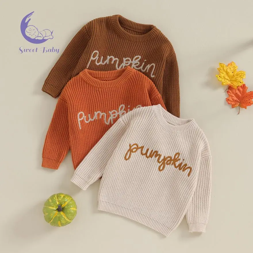 Toddler Girls Autumn Winter Knit Sweater Long Sleeve Crewneck Letter Embroidery Pullover Knitwear