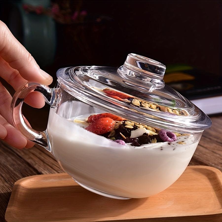Clear Glass Breakfast Cup with Handle, Large Oatmeal Bowl, Yogurt Parfait Mug, Fruit Salad Bowl, Milk Tea Cup, Food-Safe Glassware for Home & Cafe, Lightweight & Durable