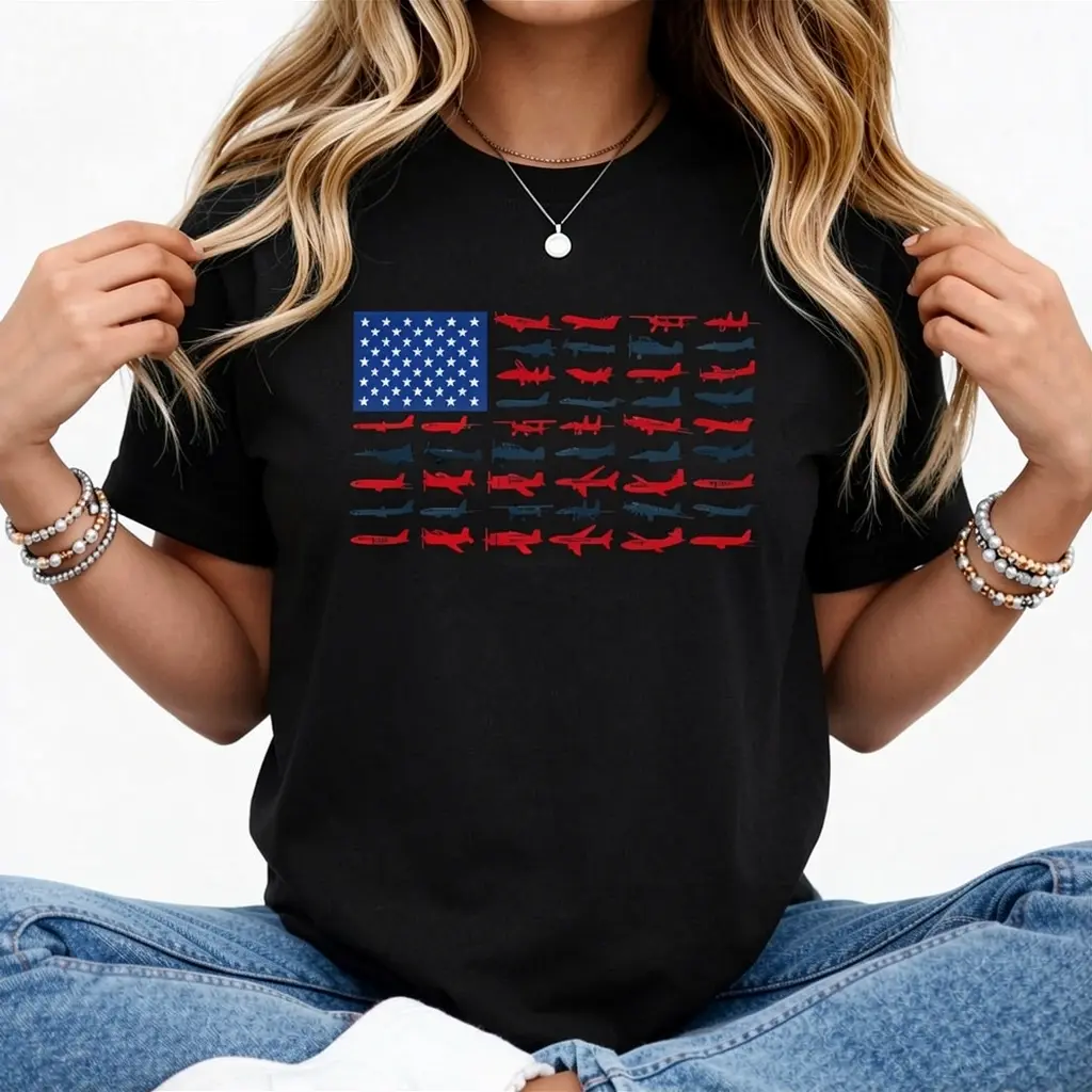 Pilot Airplane American Flag Plane Aviation Short Sleeve T-Shirt Pure Cotton Graphic Tees Menswear Top: Gifts for Men & Women