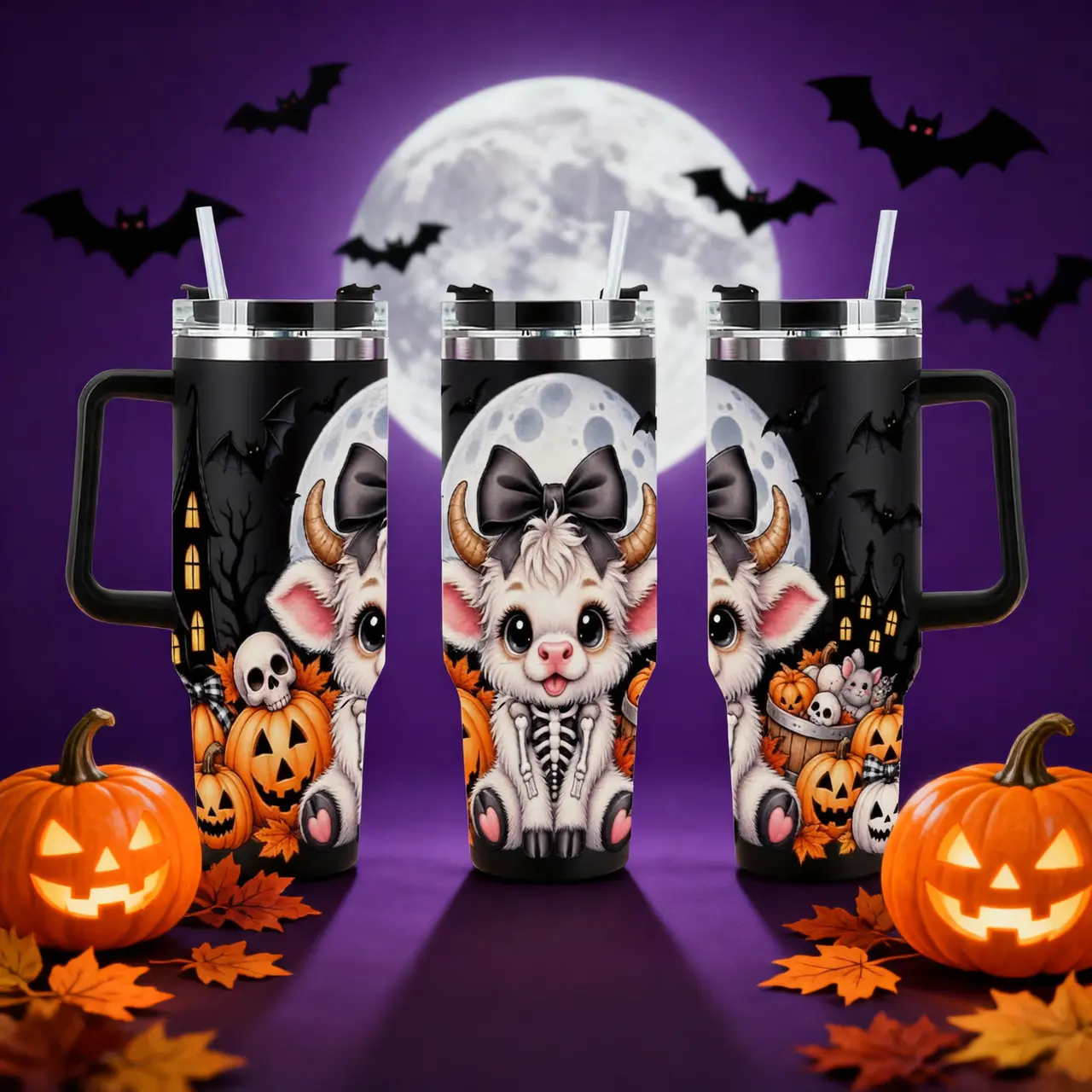 Halloween Highland Cow Tumbler with Straw, Cute Spooky Cow Skeleton Design, Pumpkin and Haunted House Print, Insulated Travel Coffee Cup with Handle, Reusable Halloween Gift for Cow Lovers, Women & Girls