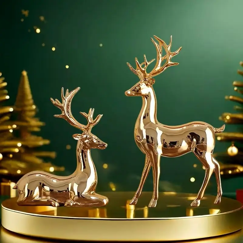Collectible Figurines, 2-Piece Set of Large Solid Reindeer in Champagne Golden and Silvery, Festive Home Living Room Desk Craft Gift Decorative Ornament for Halloween Thanksgiving Christmas Decorations