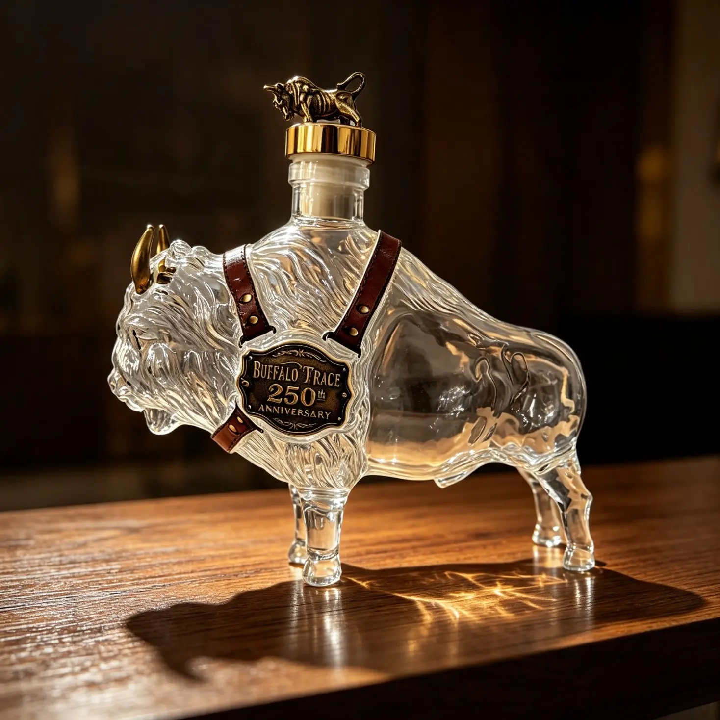 Hand Blown Borosilicate Glass Bison Whiskey Bottle 350ML, Cool Decor for Bars, Luxury Gift Idea, Unique Whiskey Bottle Design