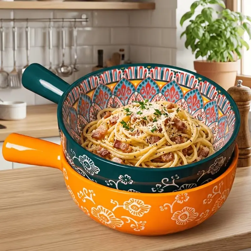2pcs Bohemian Ceramic Bowl Set with Handles, 9 Inch Large Capacity, Microwave & Refrigerator Safe, Salad Serving Bowls Ideal for Pasta Salad, Home Parties