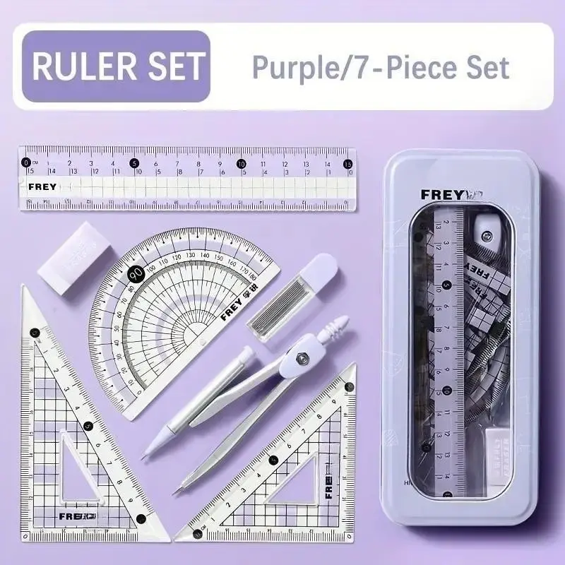 7 Piece School Supplies Set, Compass Ruler Triangle Kit, Student Drawing Tools, Exam Special Straight Edge, Soft Ruler, Multifunctional, Measuring Instrument