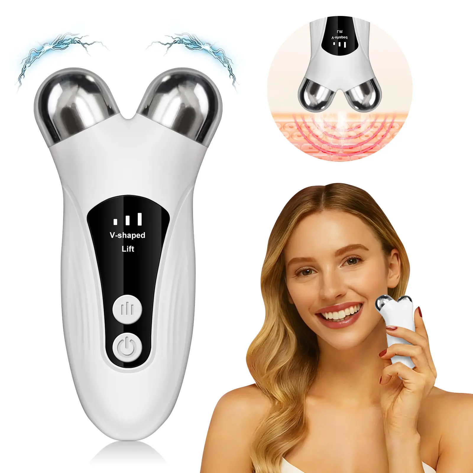 Microcurrent Facial Massager, 5-In-1 Skin Tightener, Vibration & Heating, USB Rechargeable, Jawline Contouring, Wrinkle Reduction