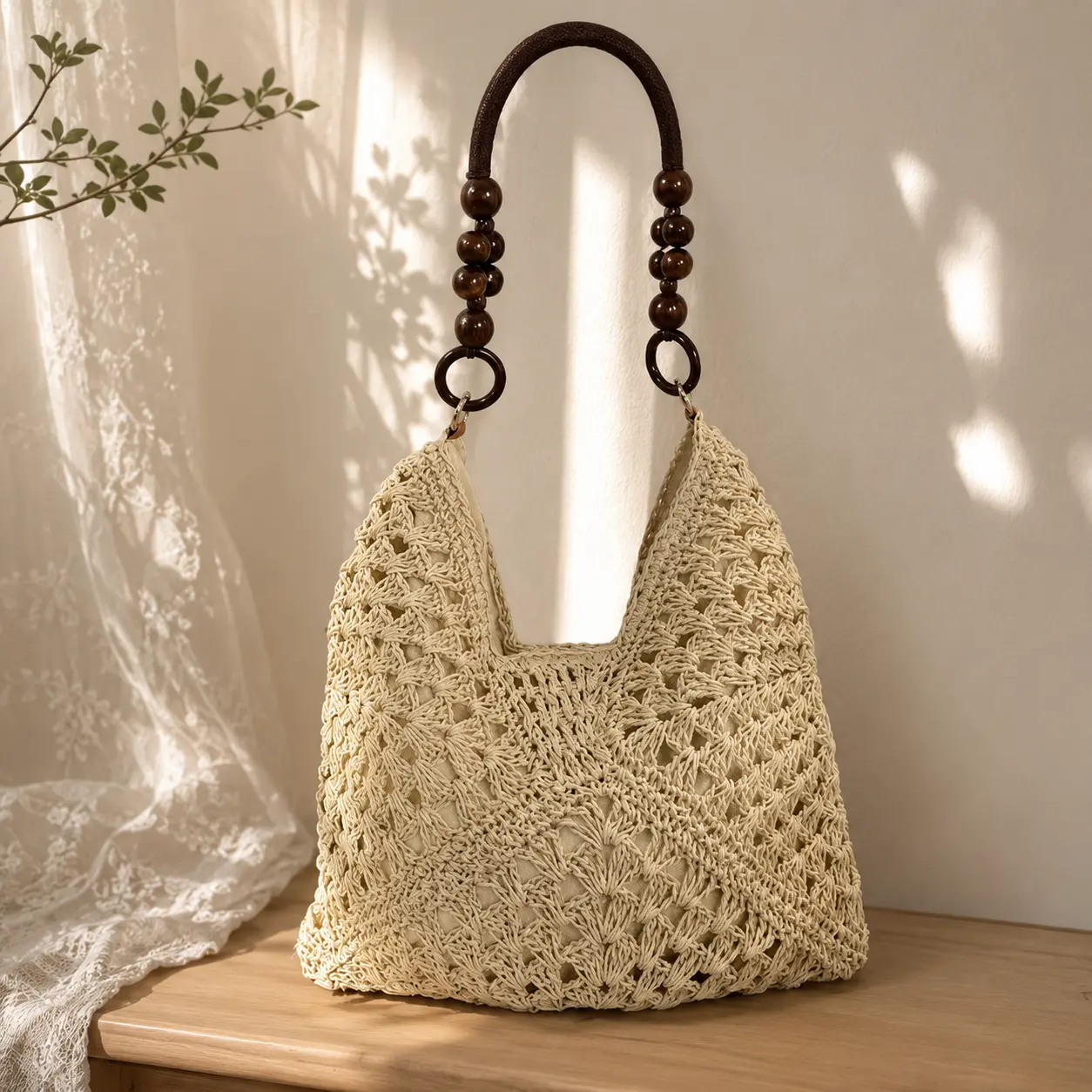 Chic Handmade Woven Paper Rope-Crochet Straw/Bamboo Beach Purse - Mixed Brown Multi-Function Casual Shoulder Bag with Cross-Body Straps, Lightweight Sports & Outdoor Accessory for Beach Vacations