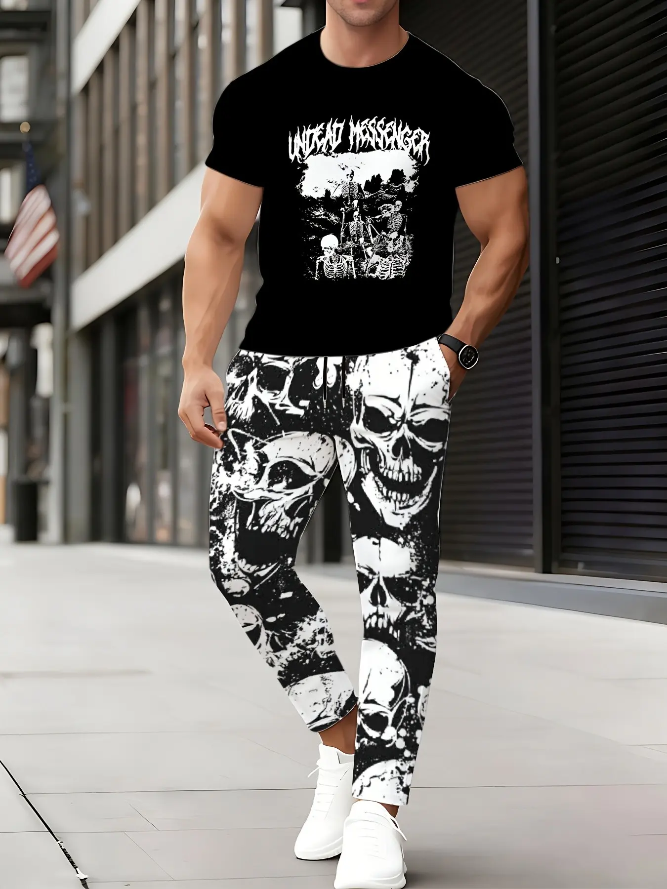 Men's Streetwear Casual Tee Set, Skull Pattern, Spring & Fall Round Neck T-Shirt + Drawstring Pants, Breathable, Comfortable, Daily Wear，Back-to-school outfits(Recommended ordering one size up),Summer Sale T-shirts