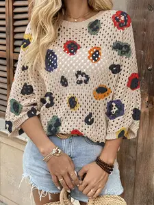 Summer Boho Clothing Batwing Sleeve Top, Leopard Print Knitwear, Loose Fit Round Neck, Casual Elegant Office Wear, Beach Cover-Up