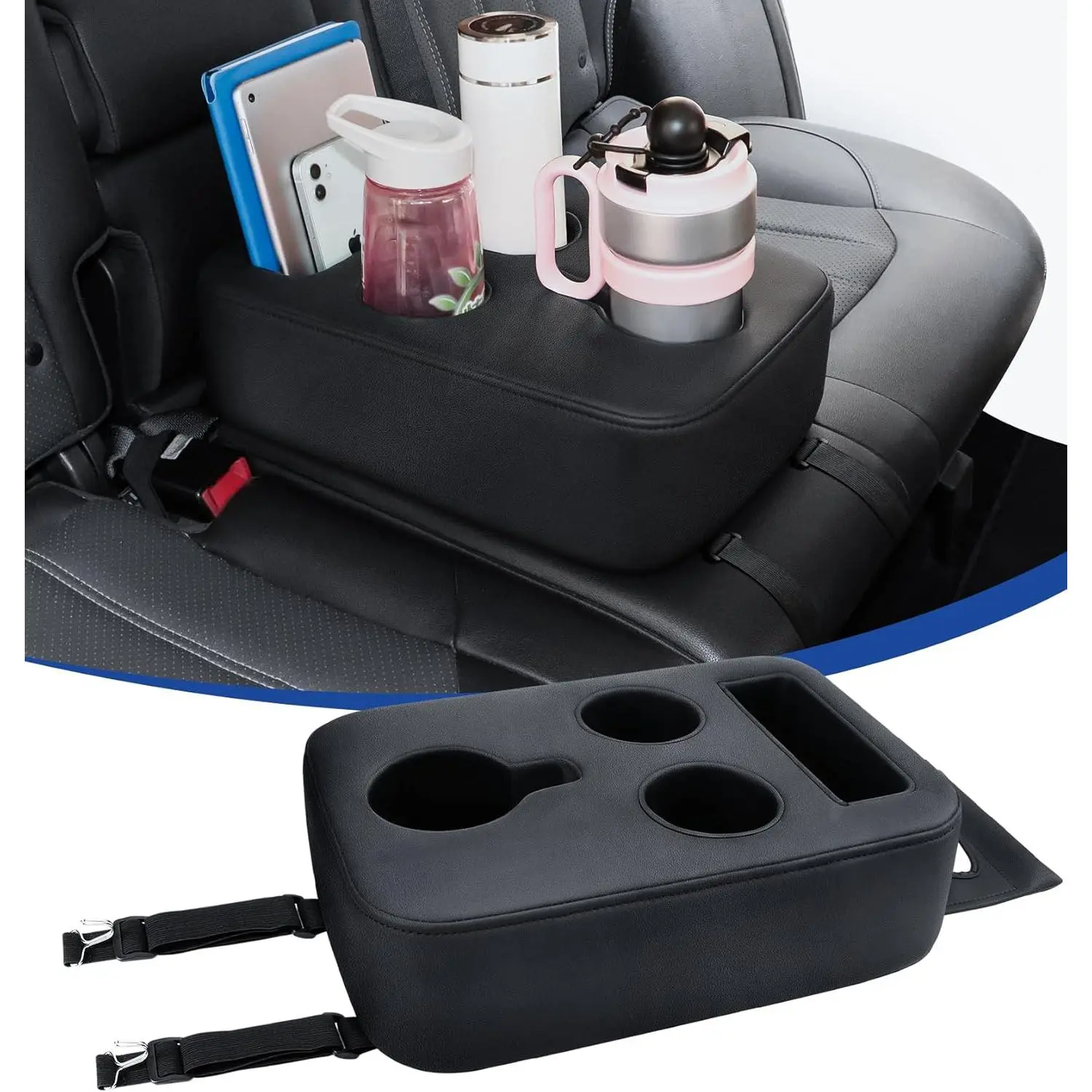 Upgraded Car Cup Holder with Dual Secure Straps, Back Seat Cup Holder for Car, PU Leather Truck Cup Holder, Boat Tray Organizer for Trucks, Minivans, SUVs, RVs, Holds Coffee, Snacks, Cell Phone