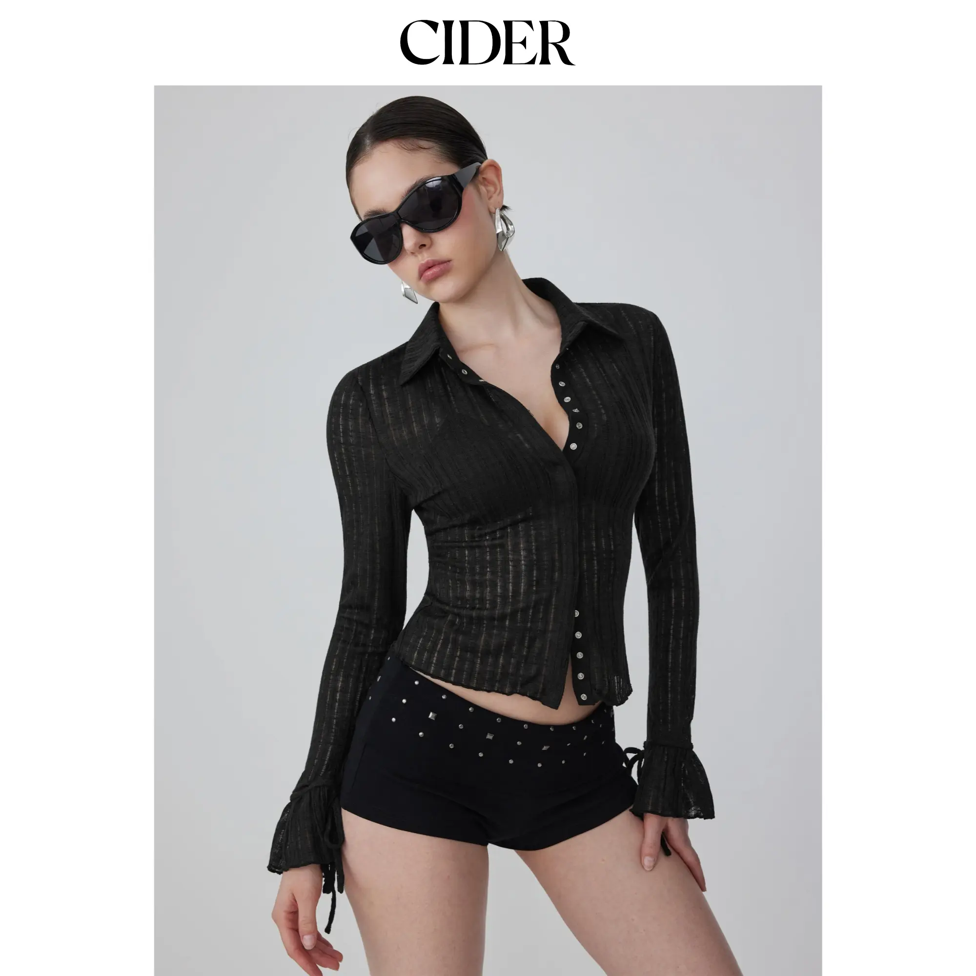 Cider Textured Collar Long Sleeve Ruffle Cuff Top