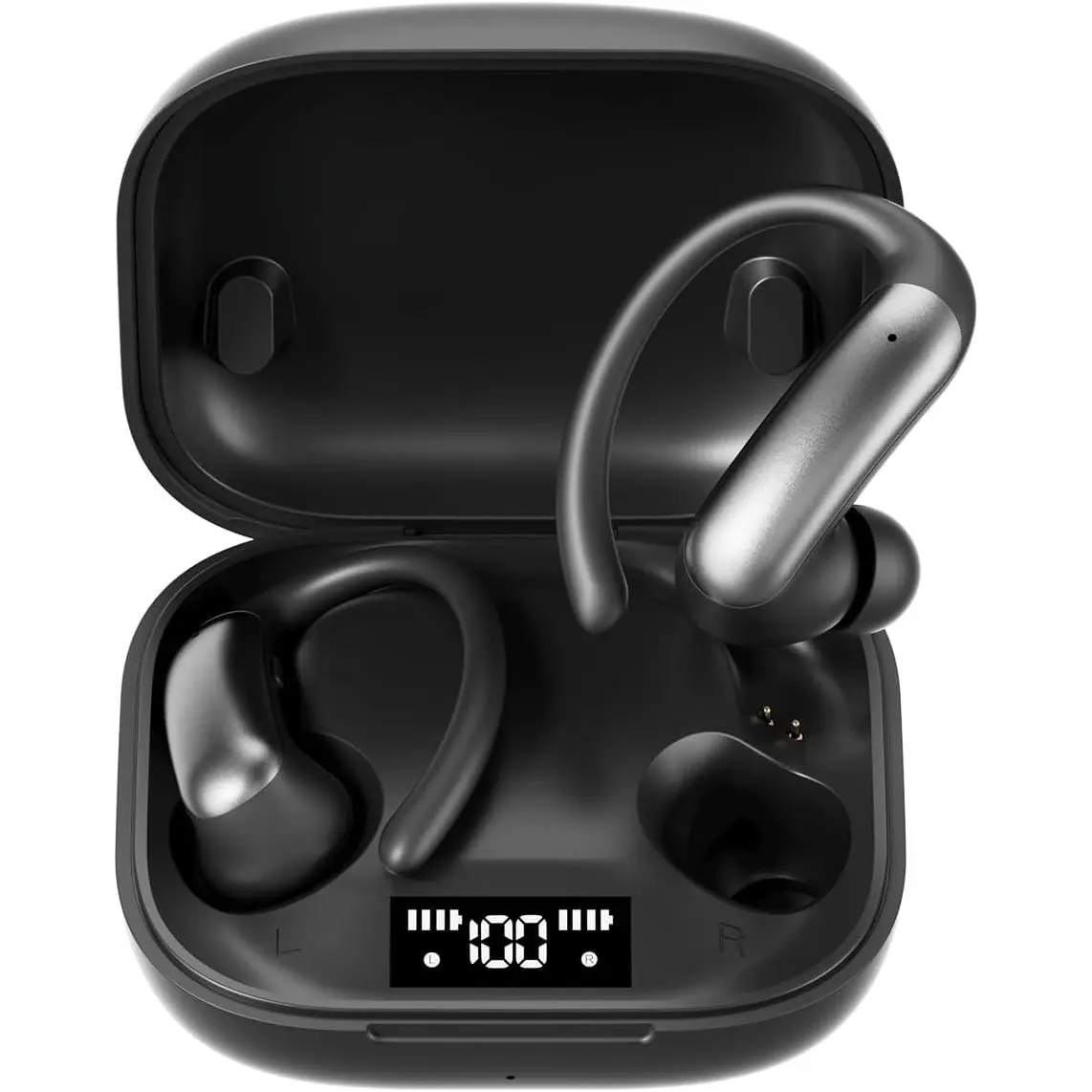Open Ear Buds Wireless Earbuds Bluetooth Headphones with 60H Playtime LED Display Case, Over the Earbuds with Mic, Stereo Sound, Easy Button Controls, Sports Earphones for Running Workout Gym Black