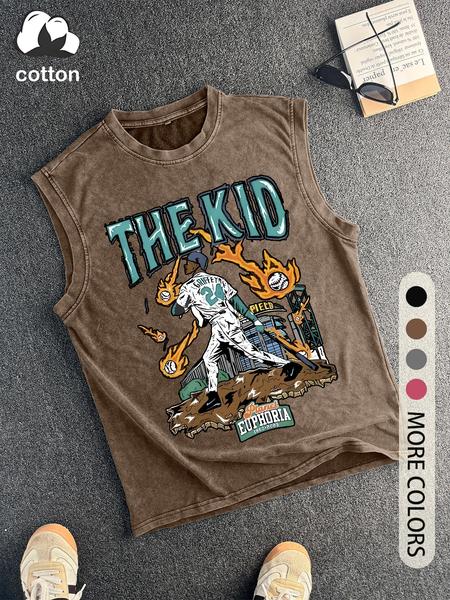 Men's Vintage Graphic Round Neck Tank Top, Regular Fit Casual Sleeveless Crew Neck Top for Summer, Men's Top for Daily Wear, Socks