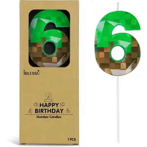 2.68 Inch Miner Number Candles, Game Themed Birthday Candle Decoration for Pixel Theme Birthday Anniversary Dynamite Video Game Party (Green, 6)
