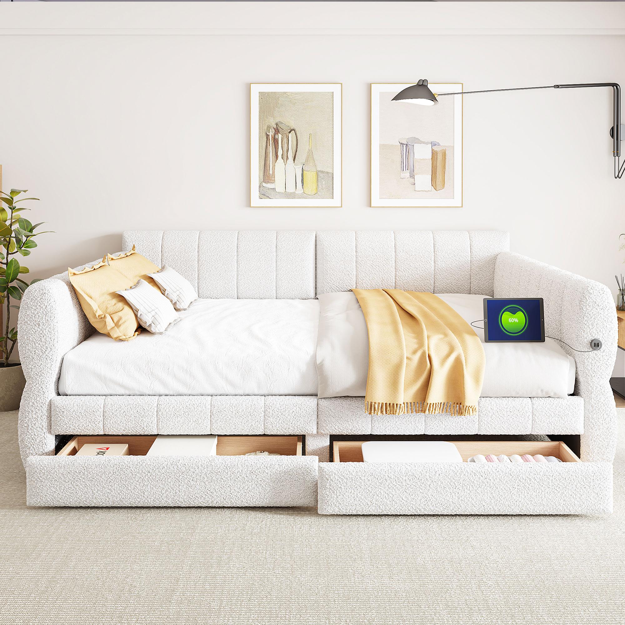 Queen Daybed Frame with 2 Storage Drawers and USB Charging Station, Upholstered Lambswool Sleeper Day Bed Couch with Armrest, No Spring Box Required, Easy Assemble, Beige