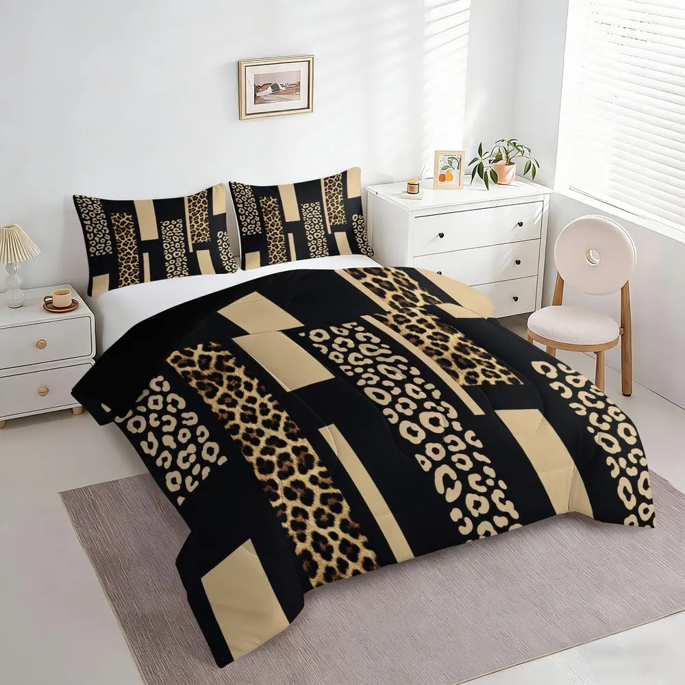 2/3Pcs Luxury Leopard Print Comforter Set, Modern Geometric Animal Pattern Bedding Set, Soft Aesthetic Quilt Bedspread with Pillowcases, Chic Home Decor for Bedroom, King/Queen/Full Size No Pillow Core