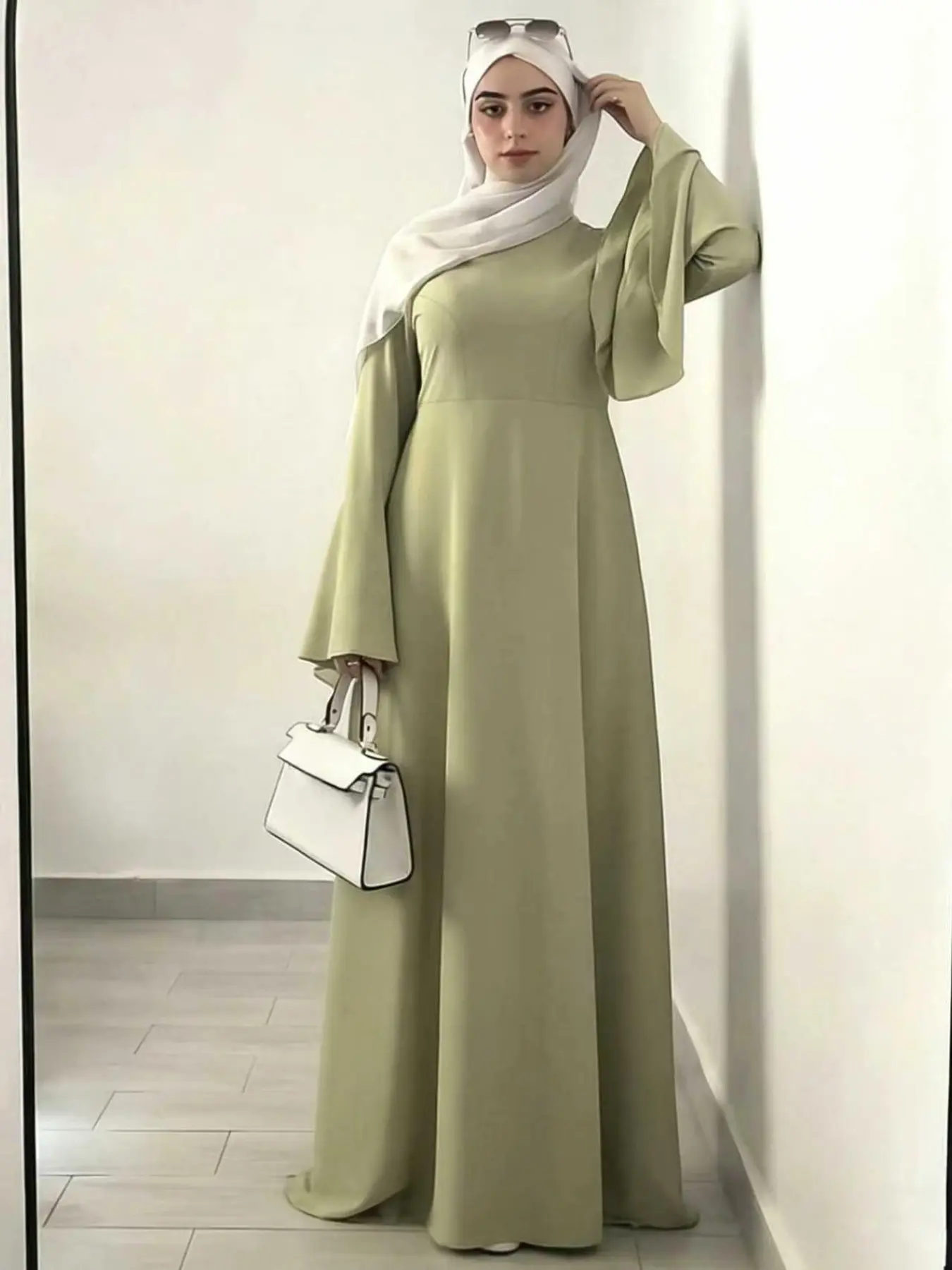 Matcha Solid Color Abaya Long Dress, Flared Sleeves Back Tie Bow Muslim Long Dress, Dubai Women's Fashion