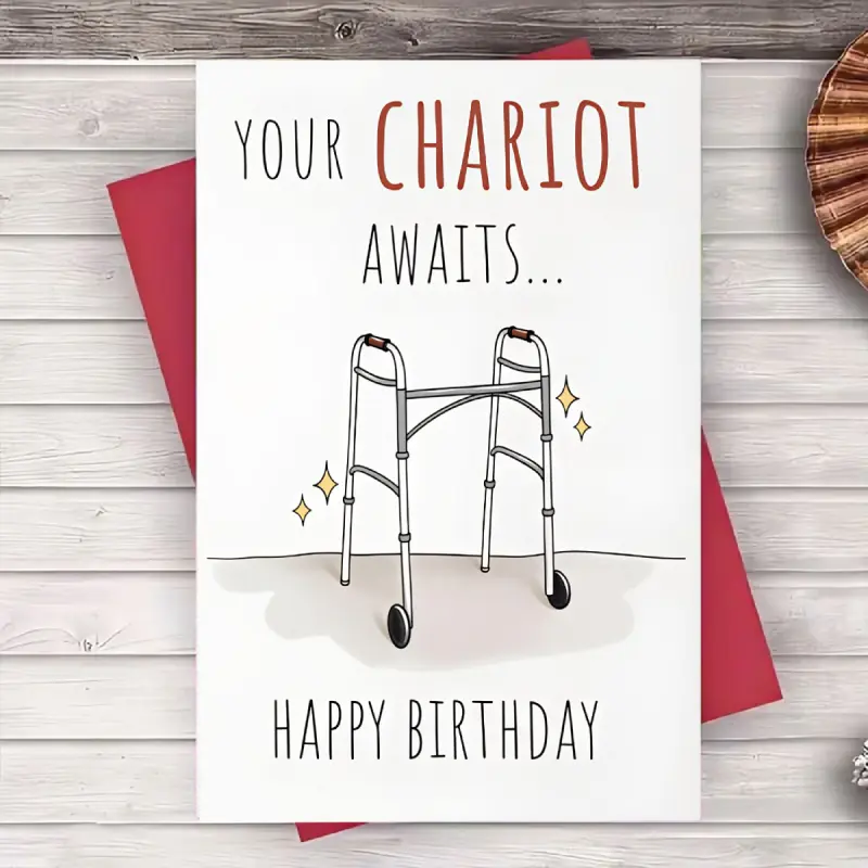 A set of greeting cards and envelopes, with blank paper and envelopes, featuring a walker illustration and the humorous text "Your chariot is ready," suitable for birthdays of elders and retirement farewell occasions, paired with a humorous blessing theme