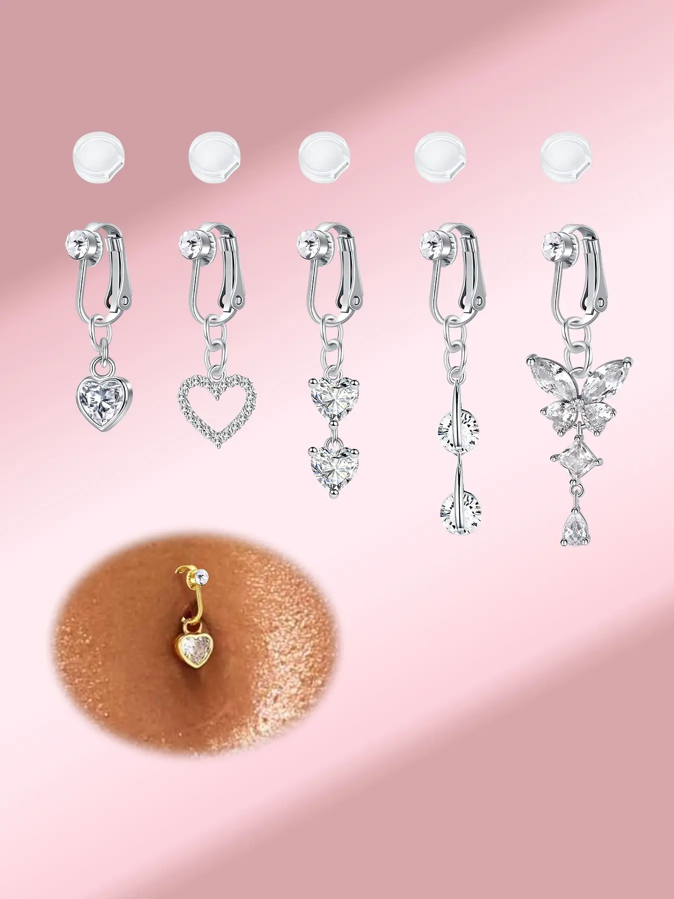 Elegant Butterfly & Heart Fake Belly Button Clip, Non-Piercing Stainless Steel Faux Belly Ring, Pain-Relieving Silicone Pad, Body Jewellery for Women