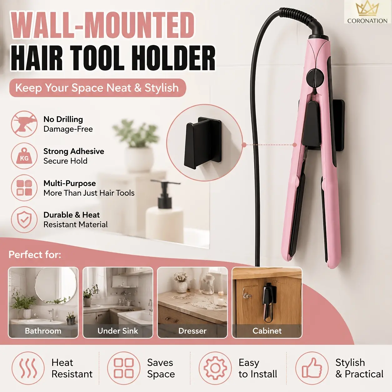 Hair Tool Holder - No-Drill Wall Mount Organizer, Heat-Resistant Tool Storage for Curling Irons & Straighteners, Adhesive Resin Self-Adhesive Rack for Bathroom Vanity & Dorm Room