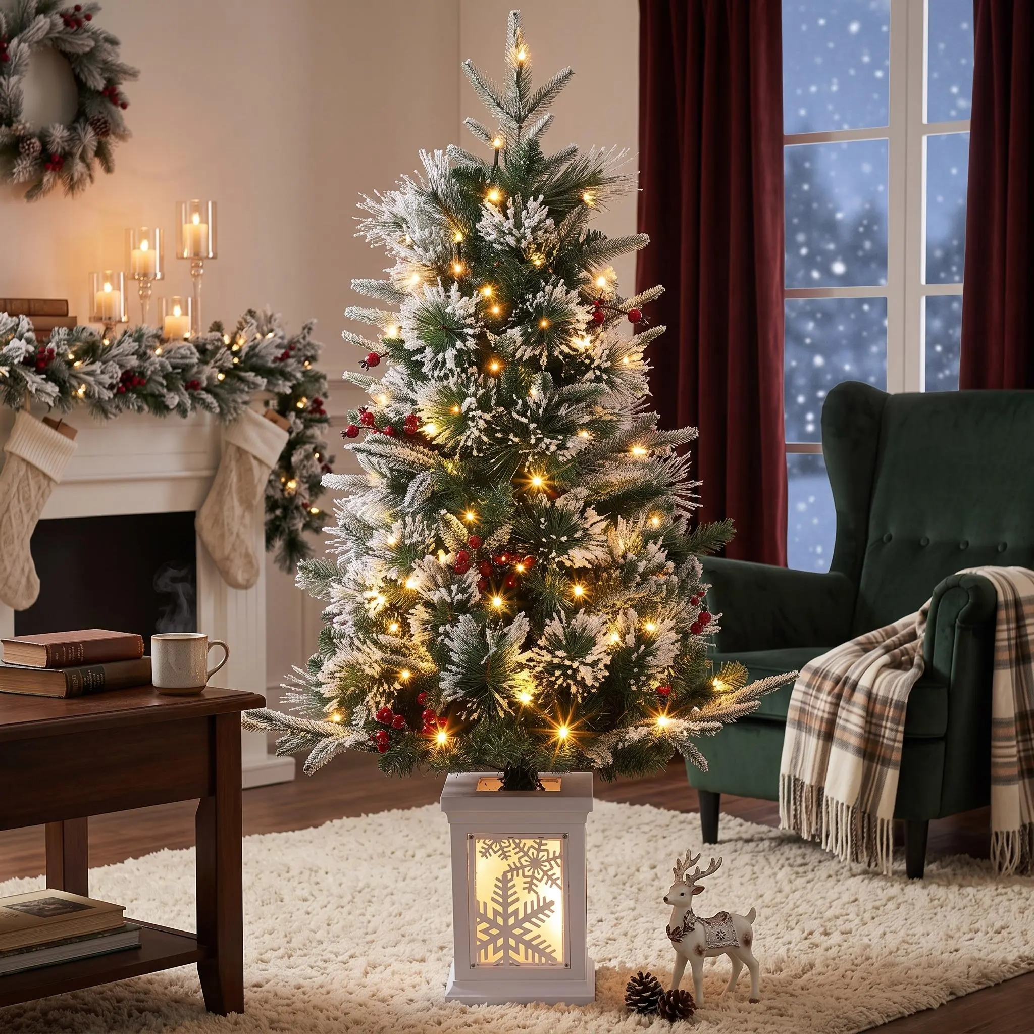 3ft Pre-Lit Christmas Tree, Mini Potted Snow Flocked Tree, Tabletop Artificial Holiday Xmas Tree with Light Box, 78 Warm White LED Lights, Battery Box for Home Party Decor