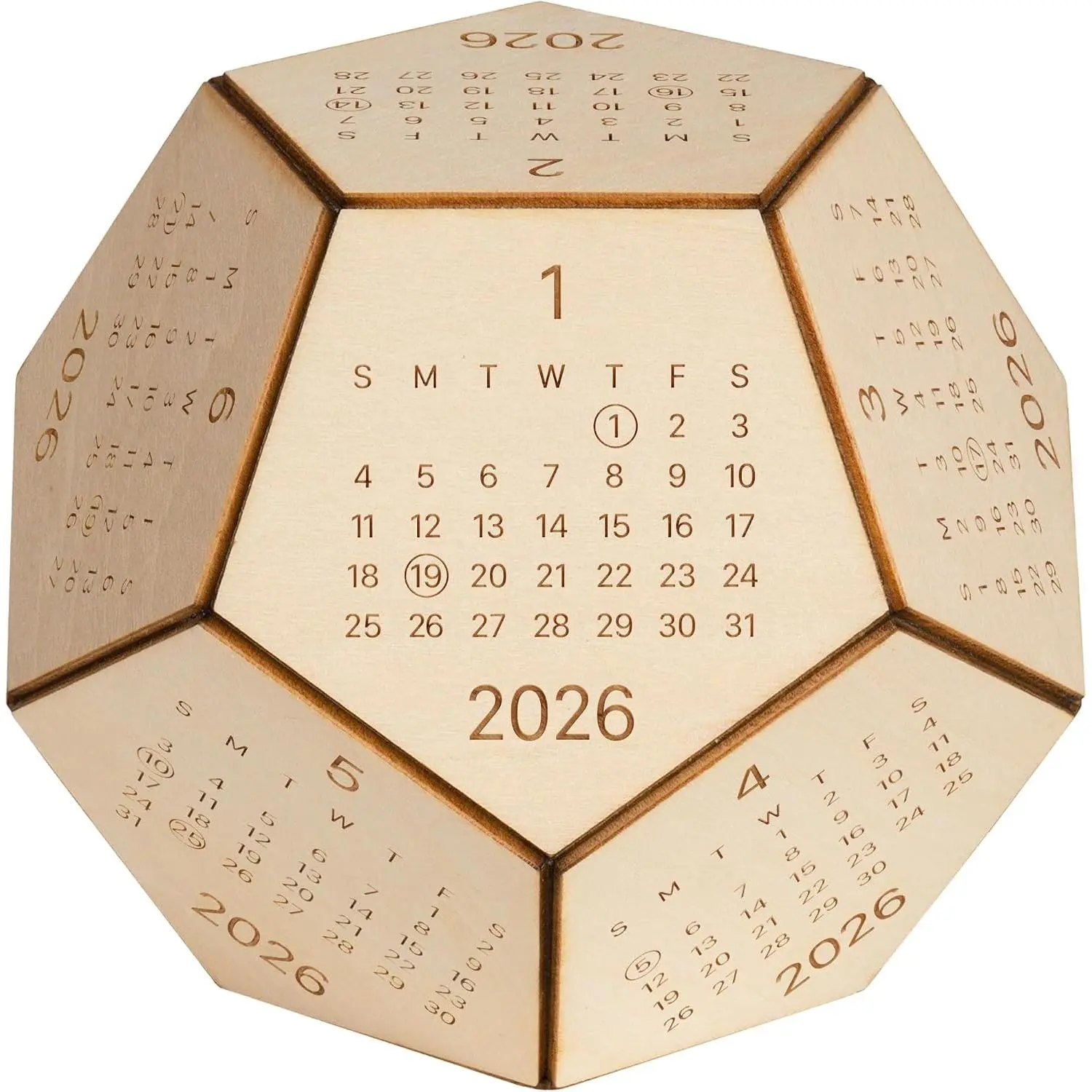 2026 Handmade Minimalist Wooden Engraved Hexagon Dodecahedron Desk Calendar, DnD Office Gifts for Men, White Elephant Exchange Employee Desk Accessories