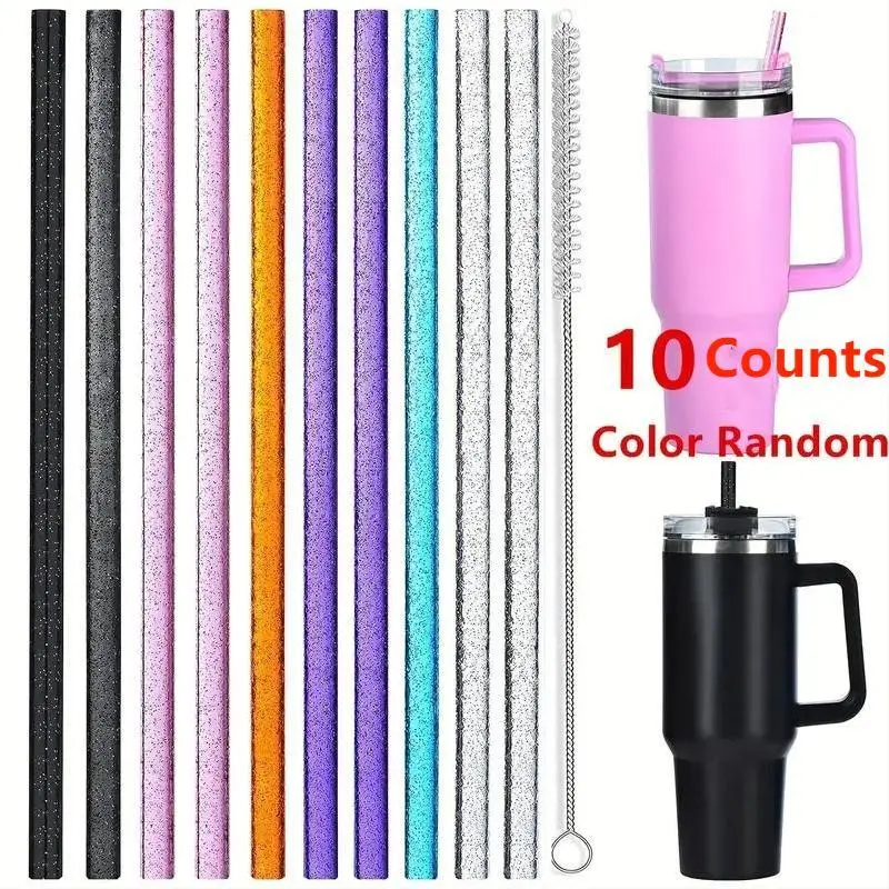 Random Color Glitter Drinking Straw with Cleaning Brush, 10pcs Reusable Straws for Stanley 40oz/30oz Glass Cup, Drinking Straws for Home Party [no Cup]