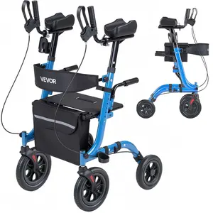 VEVOR Upright Rollator Walker with Seat for Seniors, Foldable Lightweight Aluminum Mobility Aid, PU Solid Wheels, Adjustable Handle, Storage Bag, Cup/Cane Holder - Supports 300LBS