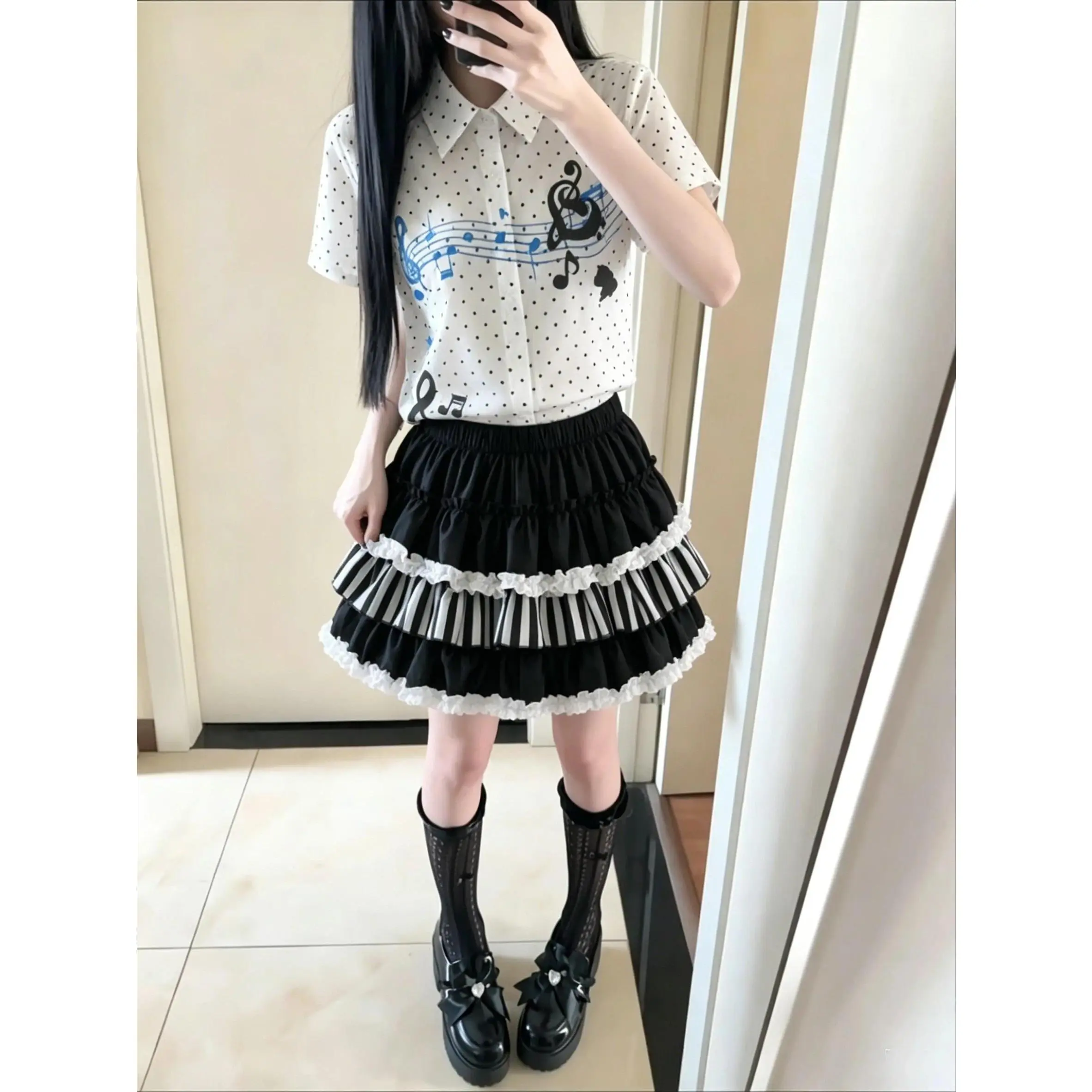 Y2k Women Subculture Punk Gothic 2 Piece Suits Piano Print Top + Mini Skirt Retro Harajuku Casual Streetwear Matching Outfits