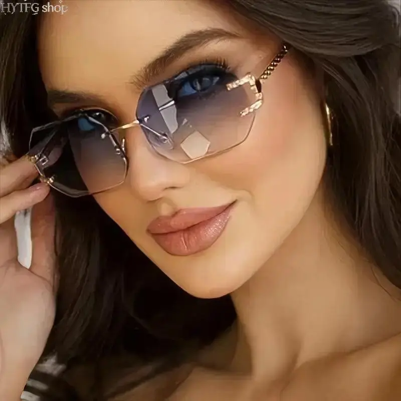 Rimless Geometric Octagon Sunglasses, Gradient‑Tint Lens Fashion Eyewear, Metal‑Frame Oversized Decor Glasses, Trendy Statement Accessory for Beach, Daily‑Outfit & Glam‑Occasion Styling