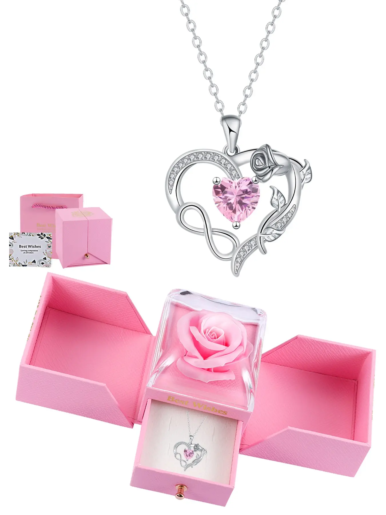 Infinite love Heart Design Necklace&rose pendant paired with a rose gift box, suitable for daily wear and holiday gifts, a special gift for wives, mothers, and girlfriends.