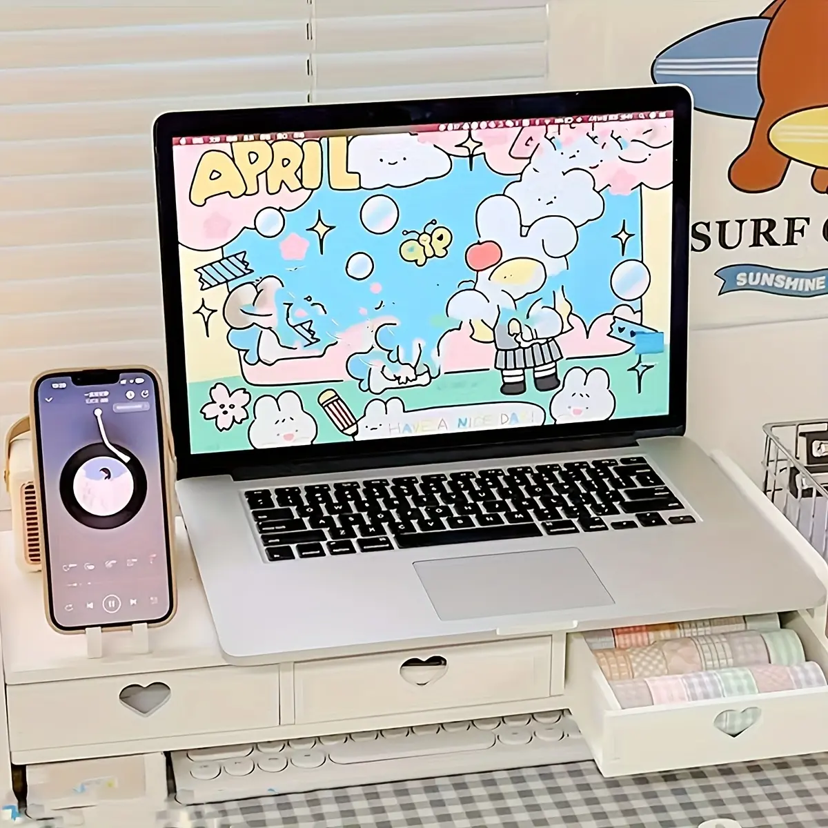 Desktop monitor stand  Computer stand  Laptop heightening frame  White desk storage rack  With drawers  Heart-shaped hollow design  Keyboard storage  Saves space  Enhances office efficiency  Study room  Office  Essential for student dormitories